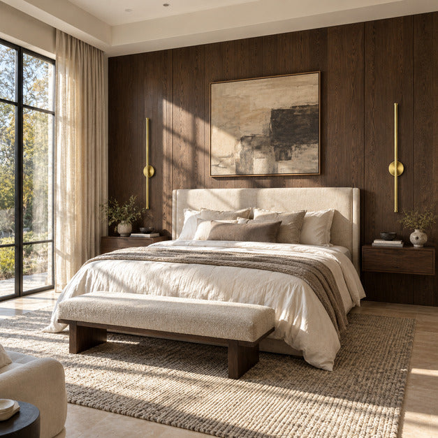 Pair of Asse rechargeable wall sconces flanking a bed as cordless bedside reading lights