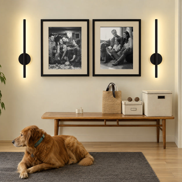 Asse cordless wall sconce welcoming guests beside an entry console with no wiring