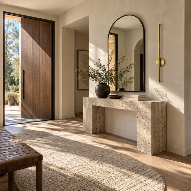Asse cordless wall sconce welcoming guests beside an entry console with no wiring