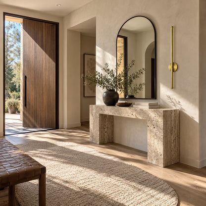 Asse cordless wall sconce welcoming guests beside an entry console with no wiring