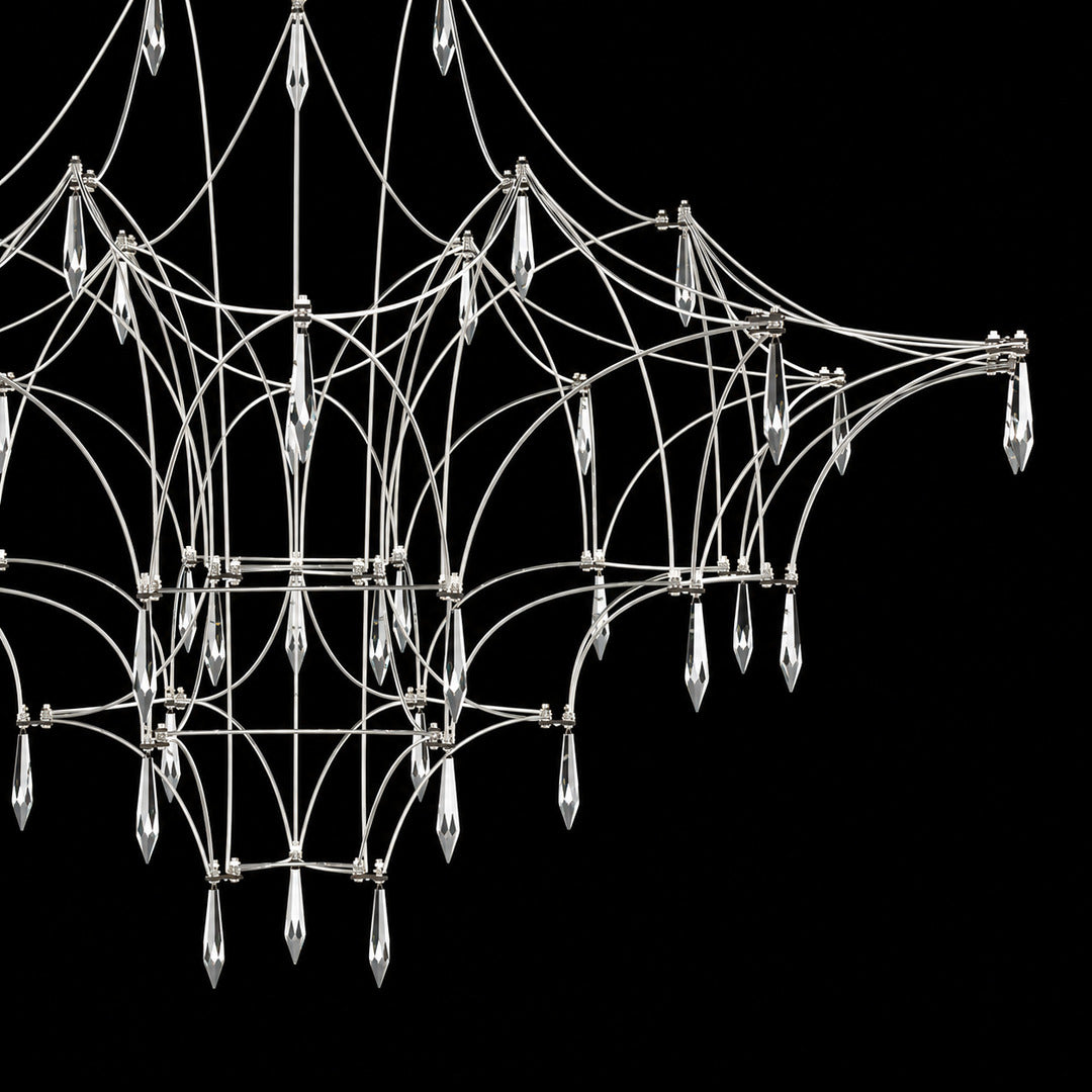 Detail of the geometric stainless steel wire frame of the Astra crystal chandelier