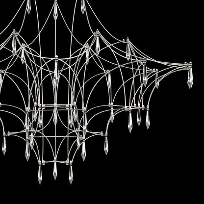 Detail of the geometric stainless steel wire frame of the Astra crystal chandelier