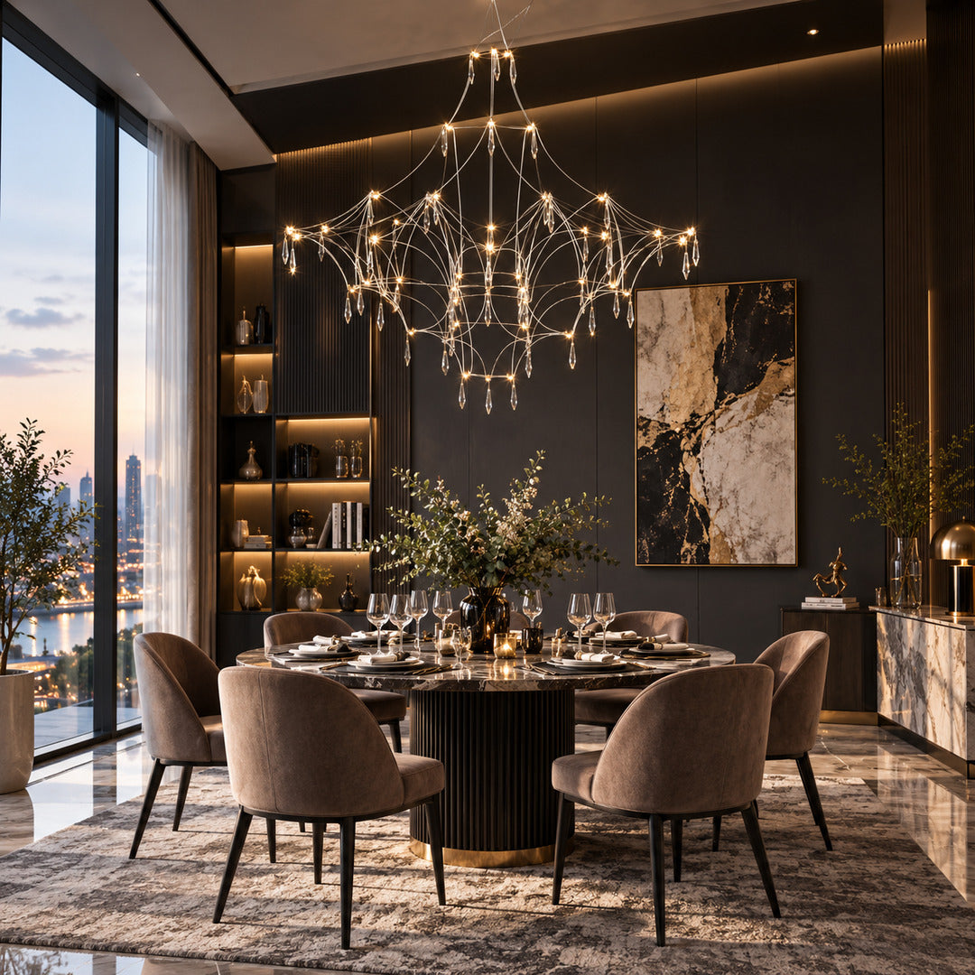 Astra crystal chandelier casting warm sparkling light over an elegant dining room table