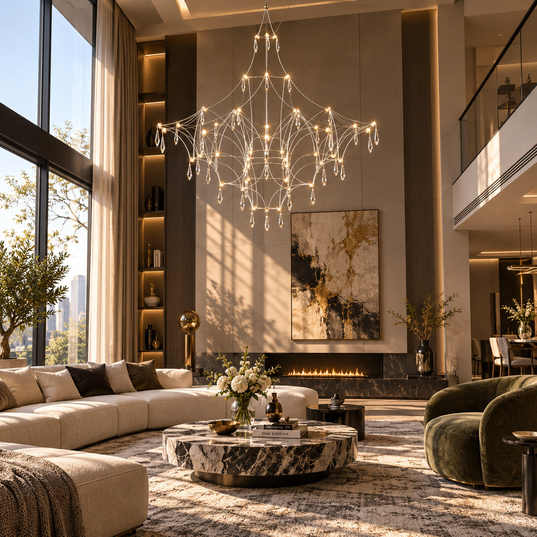 Astra crystal chandelier as a glamorous sculptural centerpiece in a modern living room