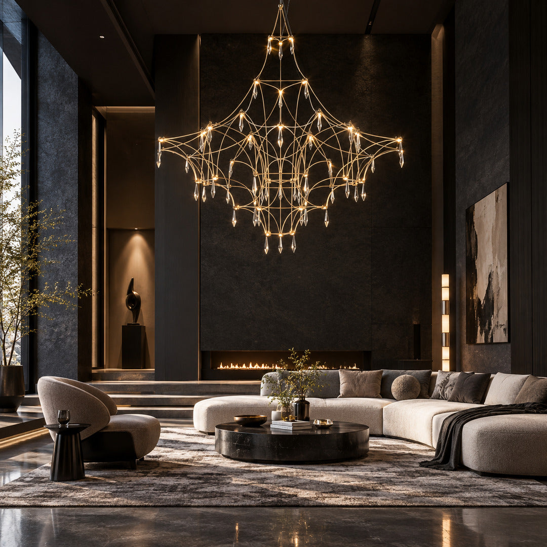 Astra crystal chandelier as a glamorous sculptural centerpiece in a modern living room