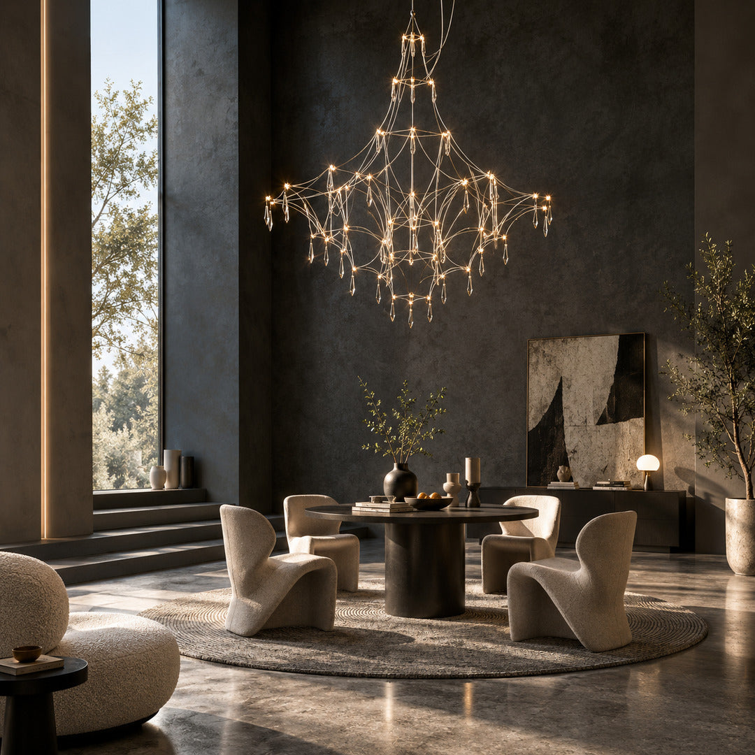 Astra crystal chandelier as a glamorous sculptural centerpiece in a modern living room