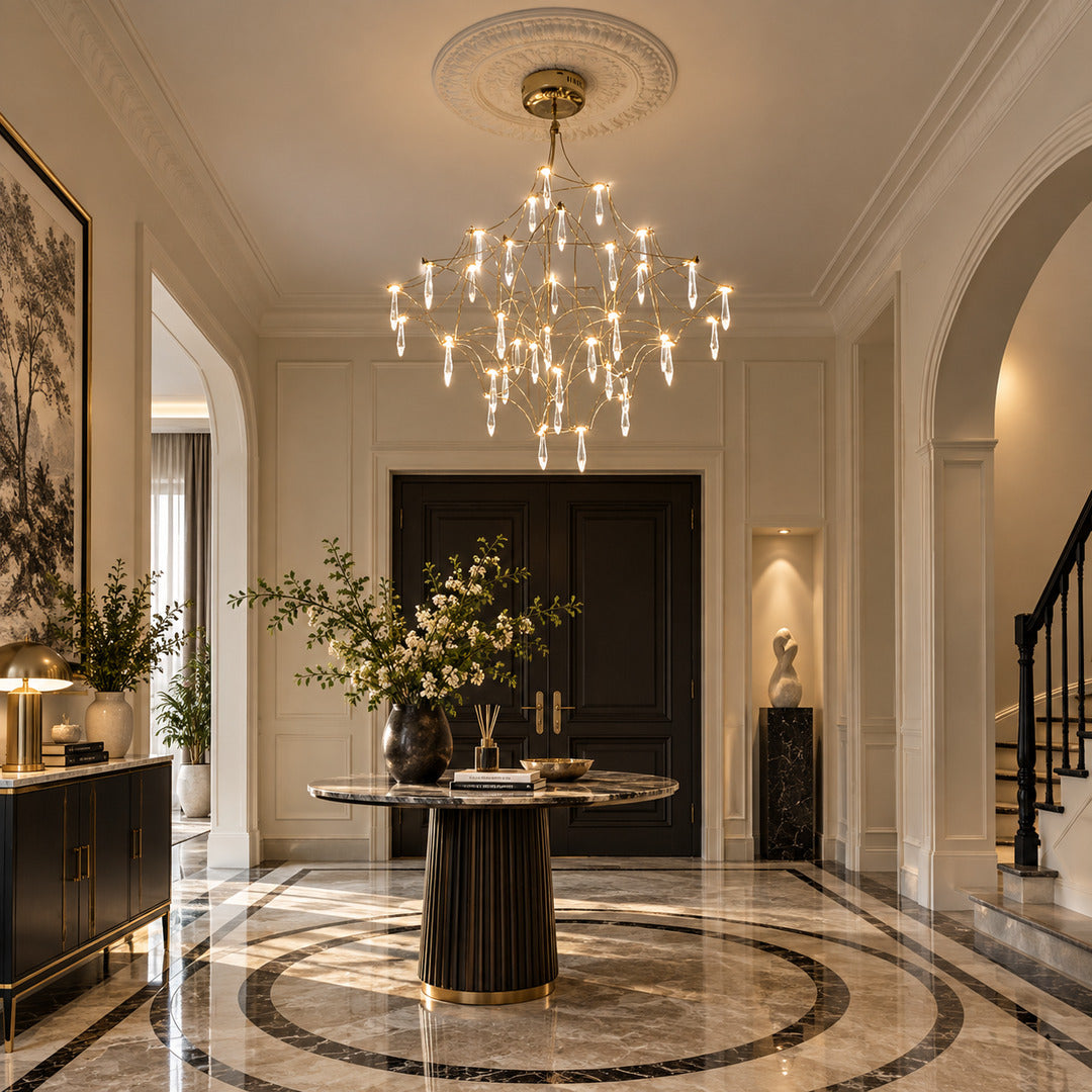 Grand Astra crystal chandelier suspended in a double-height entryway foyer