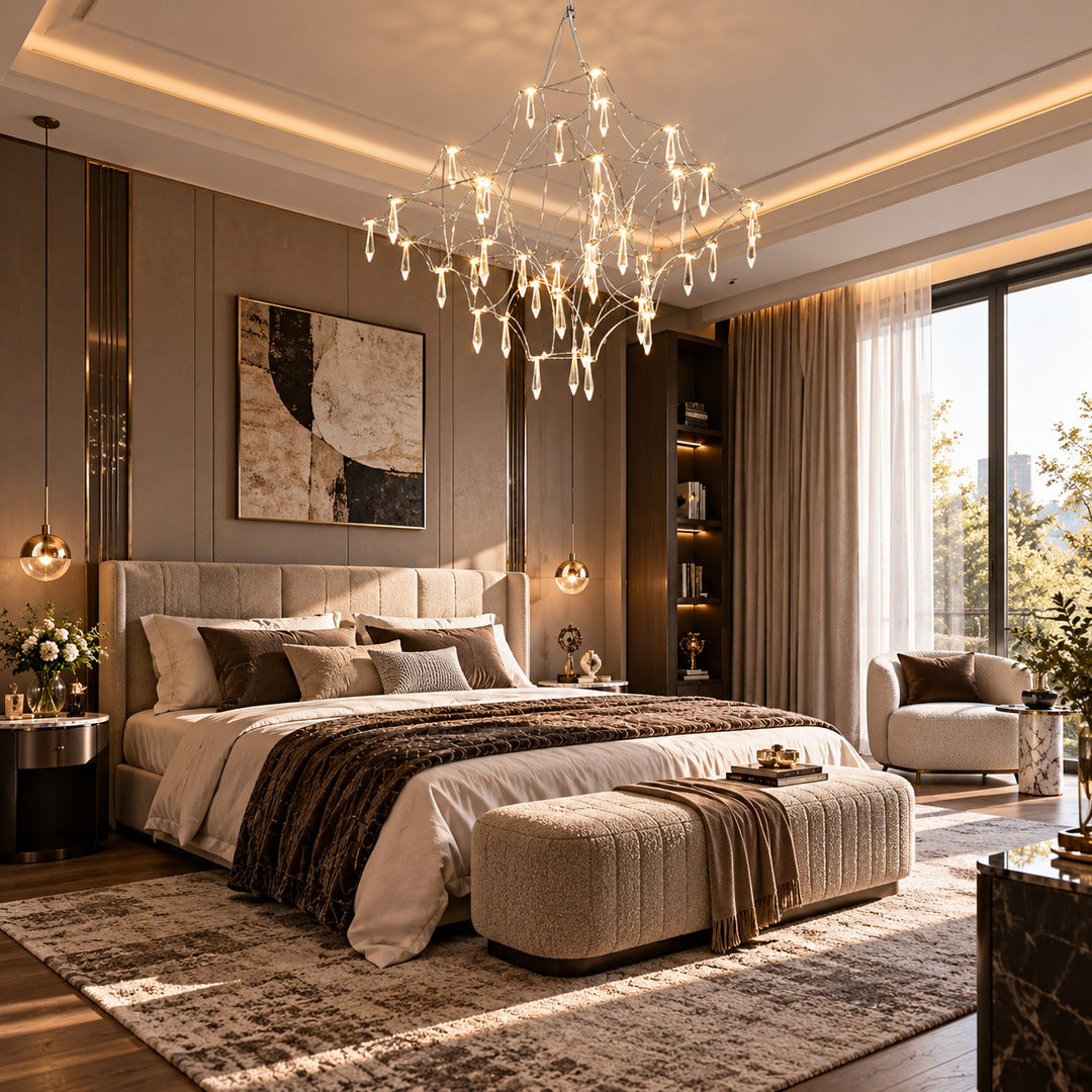 Astra crystal chandelier adding a luxe sparkling focal point above a modern master bedroom