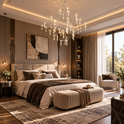 Astra crystal chandelier adding a luxe sparkling focal point above a modern master bedroom