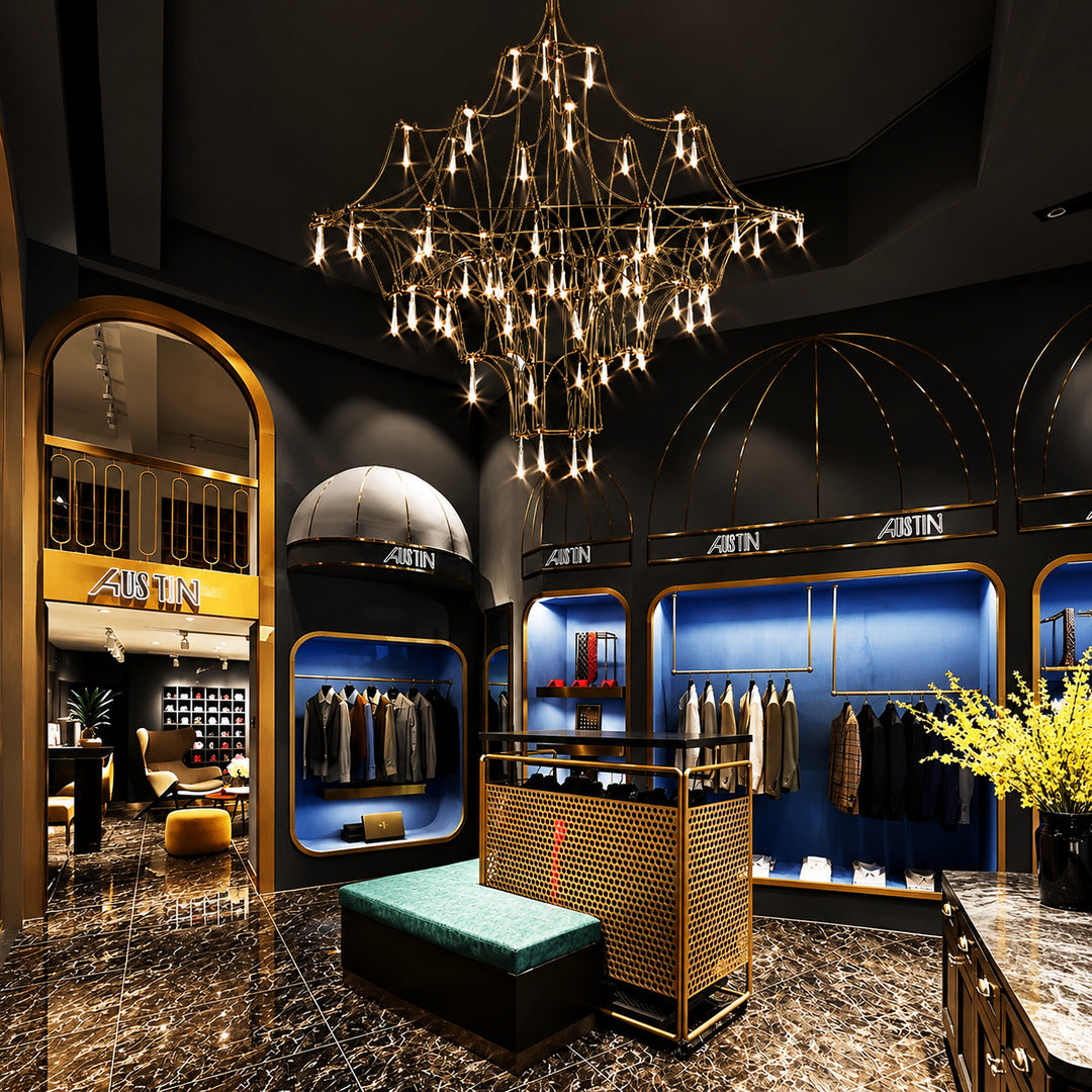 Silver Astra crystal chandelier highlighting a high-end retail showroom
