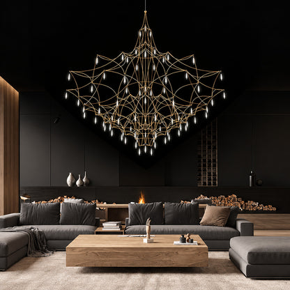 Astra crystal chandelier as a glamorous sculptural centerpiece in a modern living room