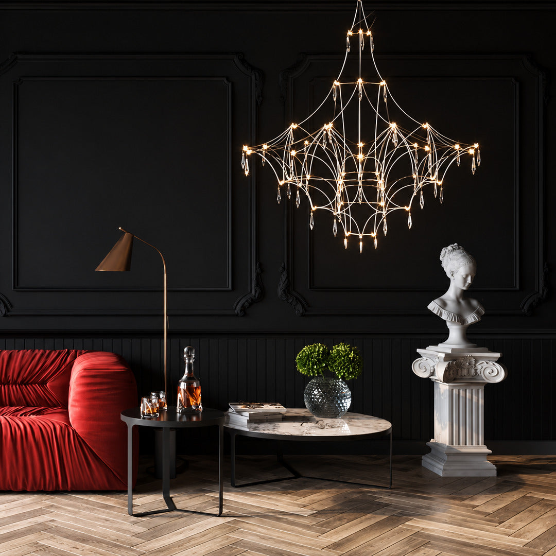 Astra crystal chandelier as a glamorous sculptural centerpiece in a modern living room