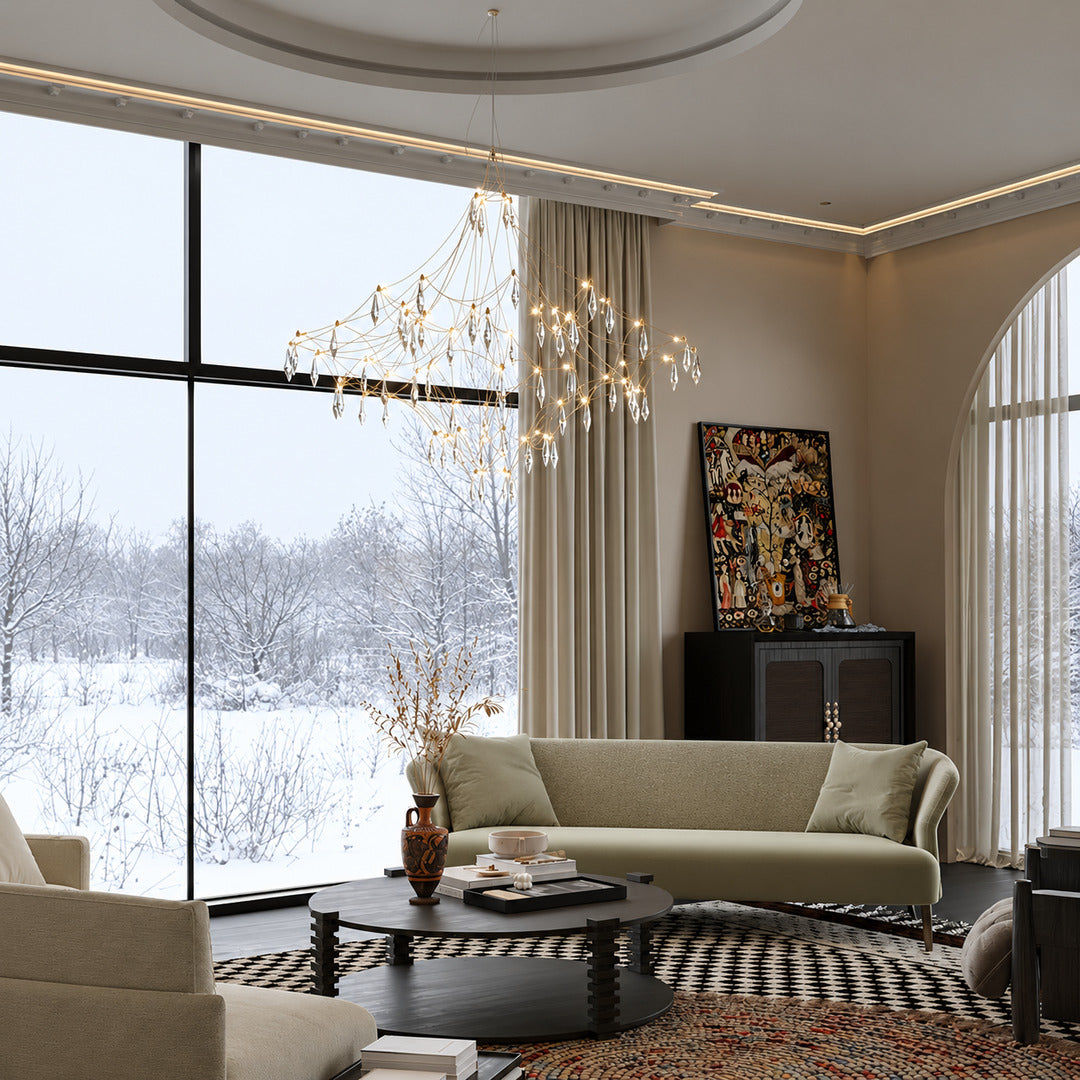 Astra crystal chandelier as a glamorous sculptural centerpiece in a modern living room