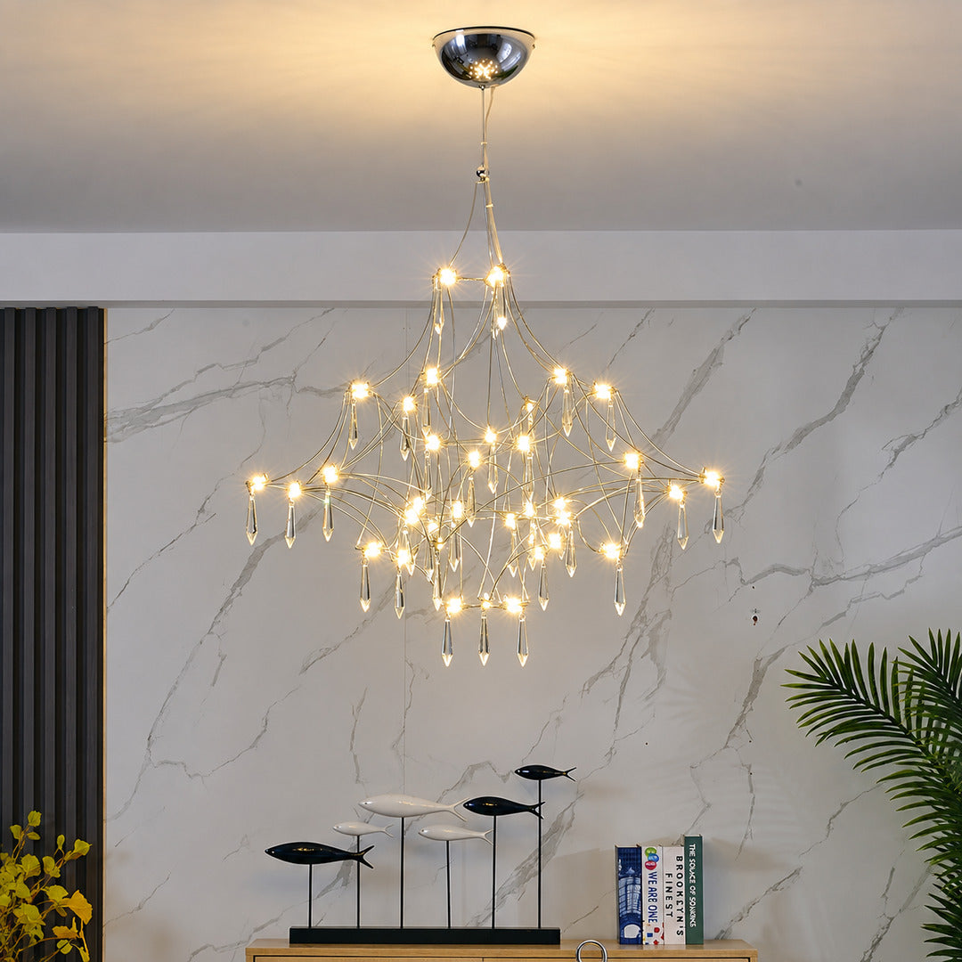 Astra crystal chandelier as a glamorous sculptural centerpiece in a modern living room