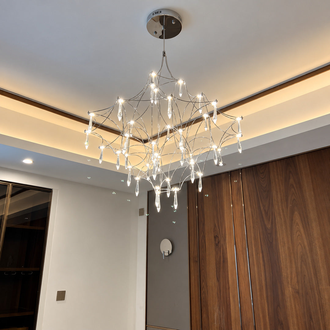 Close-up of the teardrop crystals hanging from the wire frame of the Astra crystal chandelier