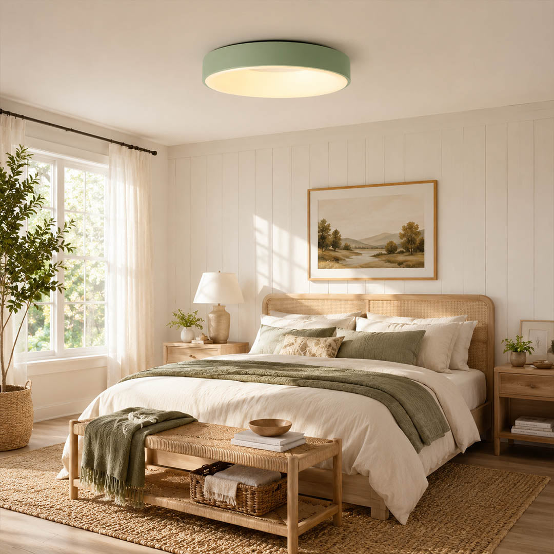 Astra White slim flush mount ceiling light bedroom low ceiling modern minimalist Scandinavian apartment warm soft glow interior