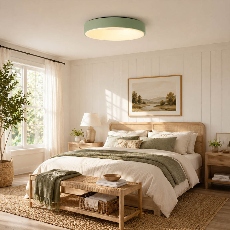 Astra White slim flush mount ceiling light bedroom low ceiling modern minimalist Scandinavian apartment warm soft glow interior