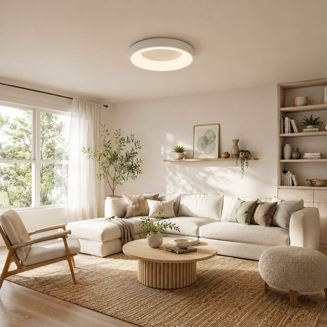 Astra 24 inch large slim flush mount living room statement piece modern Scandinavian minimalist sofa warm glow interior