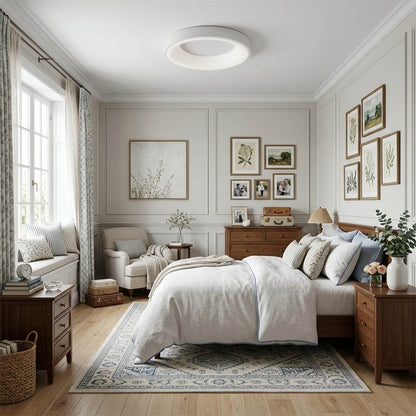 Astra White slim flush mount ceiling light bedroom low ceiling modern minimalist Scandinavian apartment warm soft glow interior