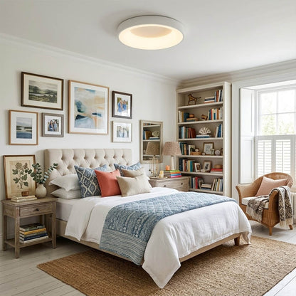 Astra White slim flush mount ceiling light bedroom low ceiling modern minimalist Scandinavian apartment warm soft glow interior