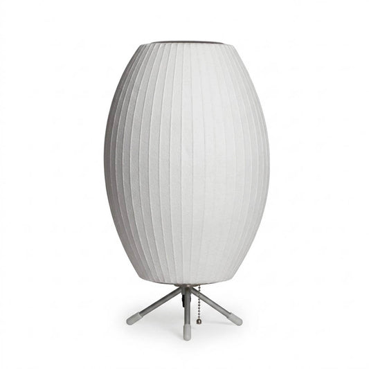Astrid tripod silk table lamp Model A 18 inch tall metal three legs Japandi Wabi Sabi Scandinavian white silk shade white background