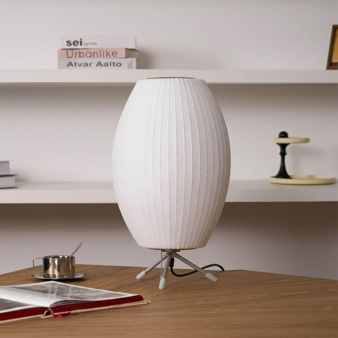 Astrid tripod silk table lamp Wabi Sabi tea room Japanese aesthetic minimalist intentional warm soft glow interior
