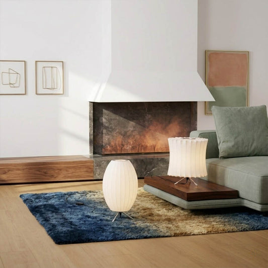 Astrid Model A tall tripod silk table lamp living room side table Japandi Scandinavian minimalist warm glow interior