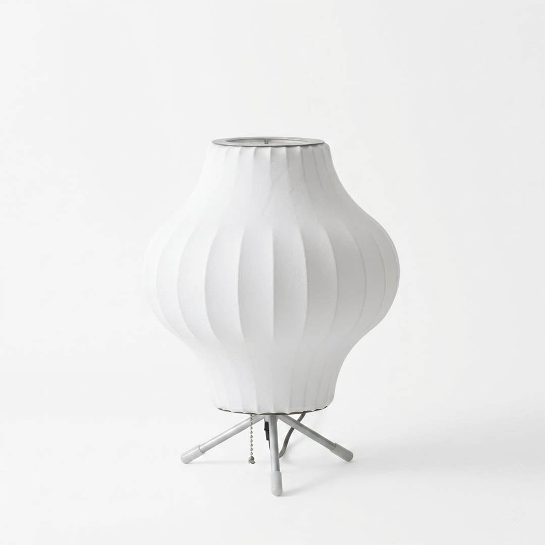 Astrid tripod silk table lamp Model C 15 inch standard medium metal tripod Japandi Scandinavian white silk shade white background