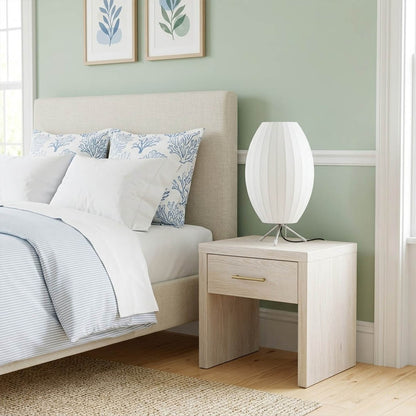 Astrid Model B short tripod silk table lamp on nightstand bedside primary bedroom Japandi Scandinavian minimalist interior