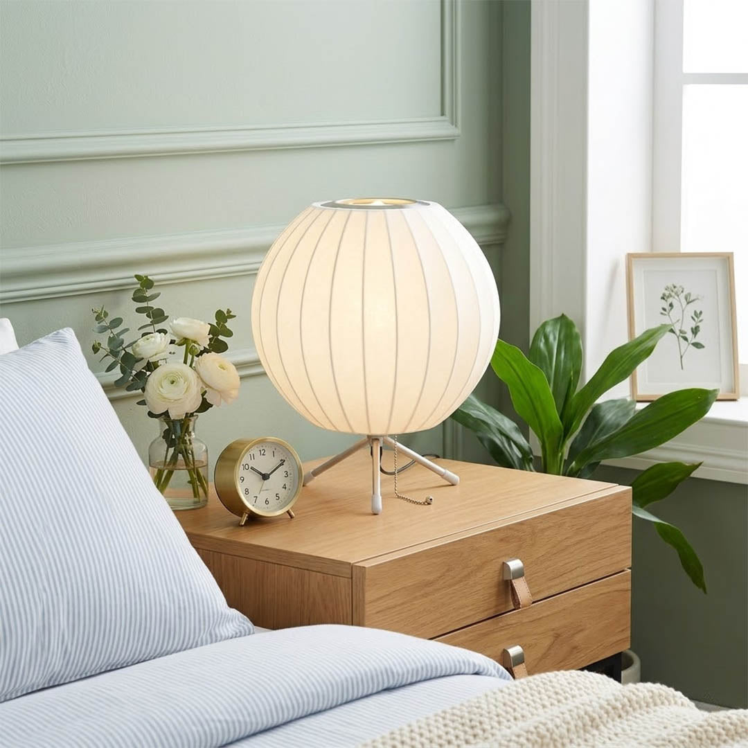Astrid Model B short tripod silk table lamp on nightstand bedside primary bedroom Japandi Scandinavian minimalist interior
