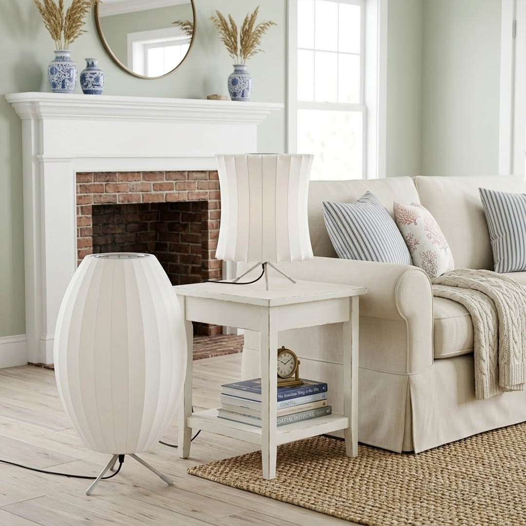 Astrid Model A tall tripod silk table lamp living room side table Japandi Scandinavian minimalist warm glow interior