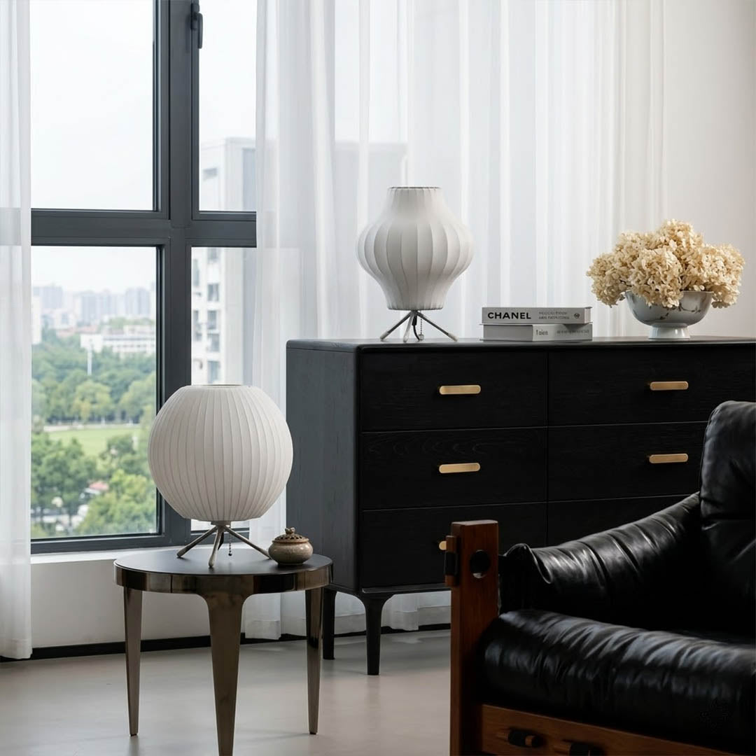 Astrid Model A tall tripod silk table lamp living room side table Japandi Scandinavian minimalist warm glow interior