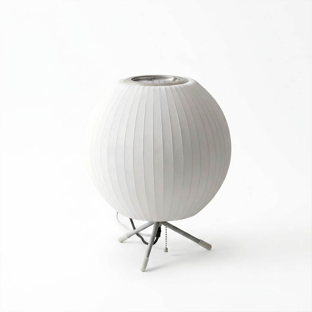 Astrid tripod silk table lamp Model B 13 inch short bedside compact metal tripod Japandi minimalist white silk shade white background