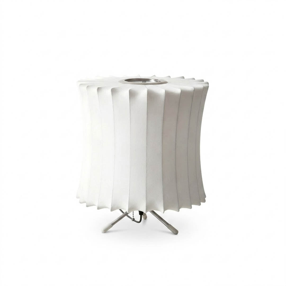 Astrid tripod silk table lamp Model D 15 inch standard metal tripod Japandi Scandinavian white silk shade white background