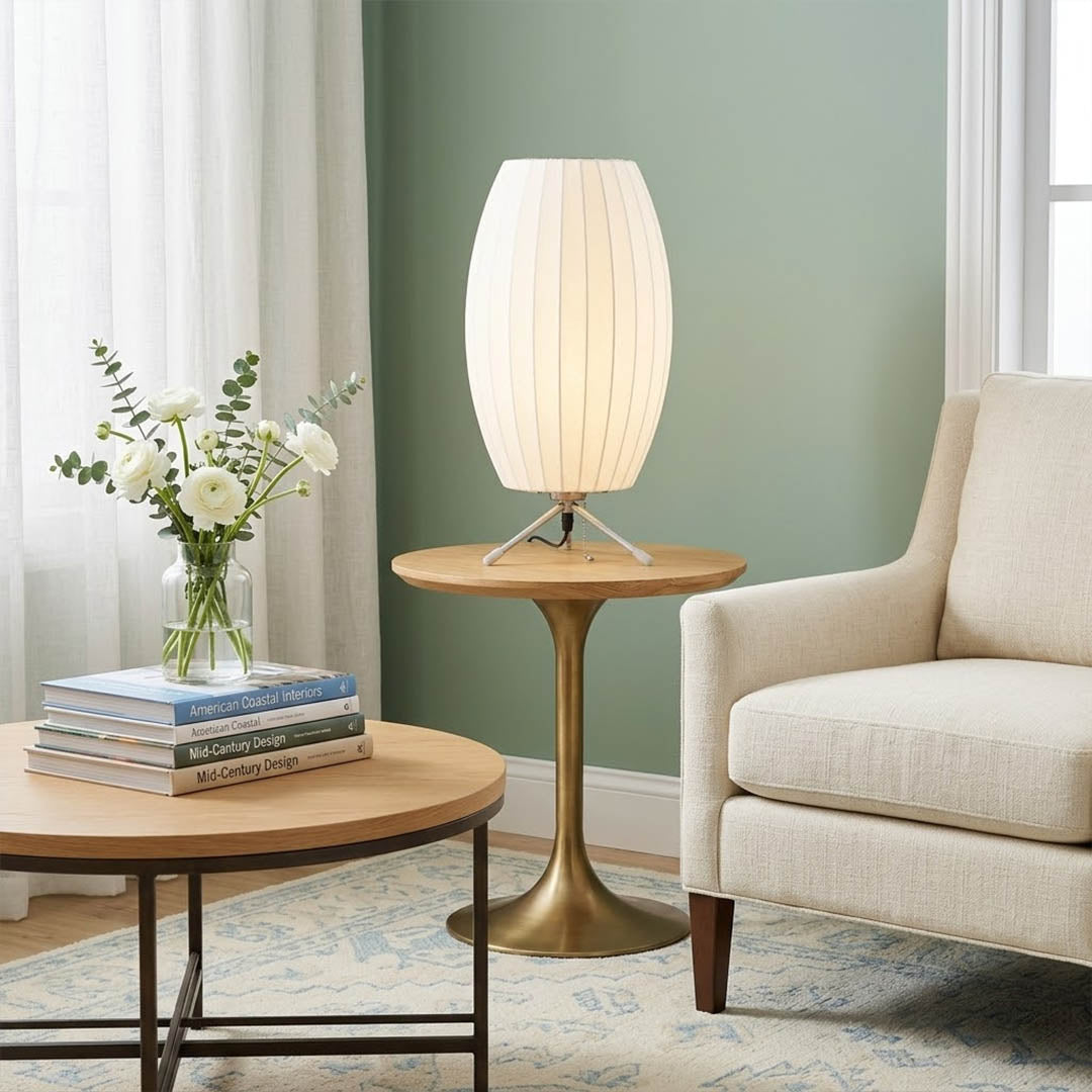 Astrid Model B short tripod silk table lamp on nightstand bedside primary bedroom Japandi Scandinavian minimalist interior