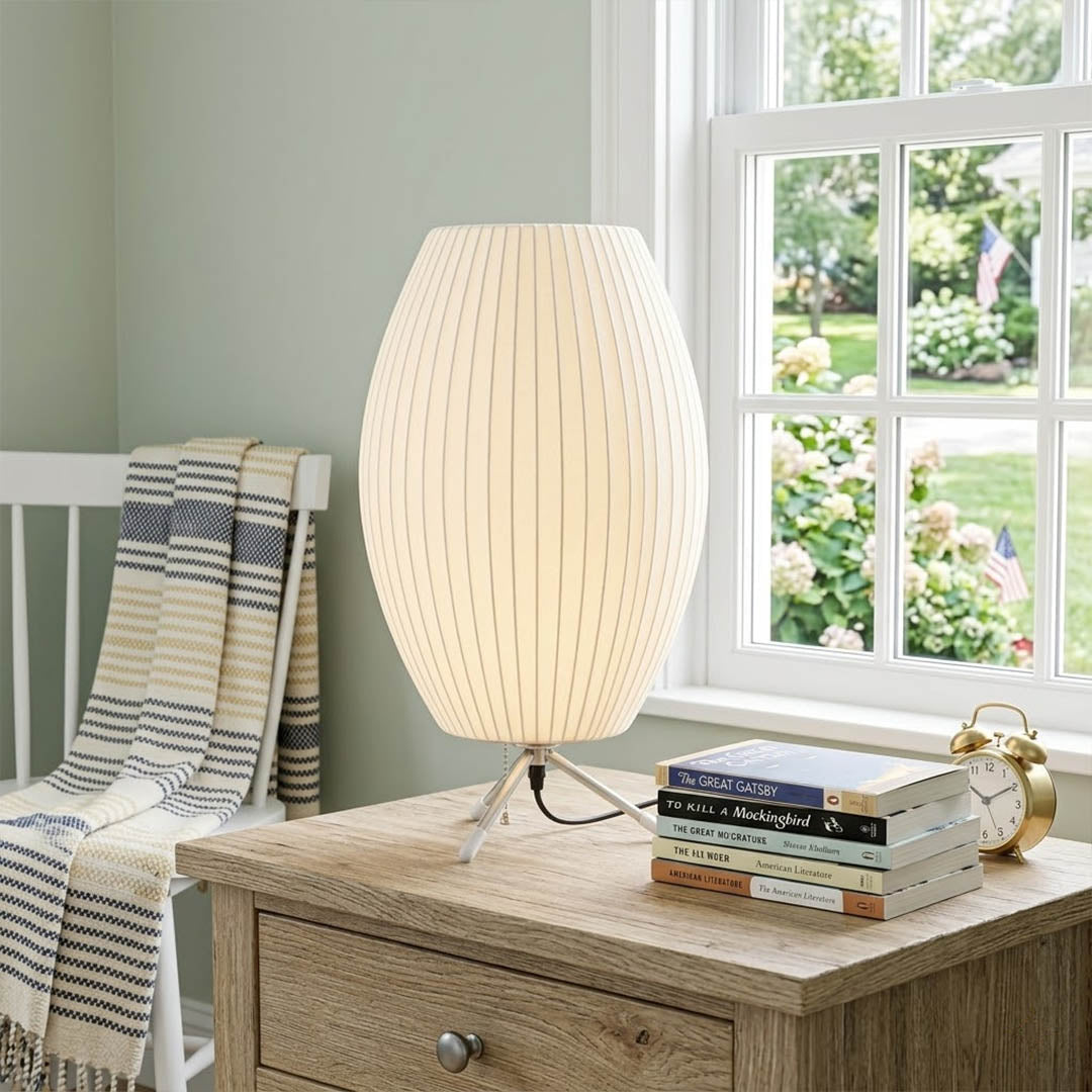 Astrid Model C tripod silk table lamp home office desk reading corner workspace Japandi minimalist warm interior