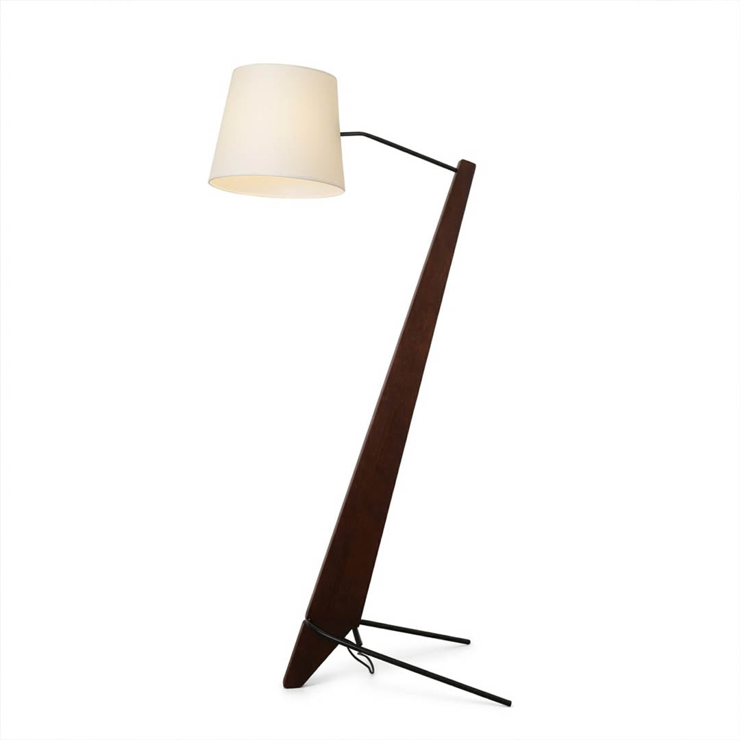 Atlas tall wood floor lamp walnut finish oversized modern beige fabric shade white background