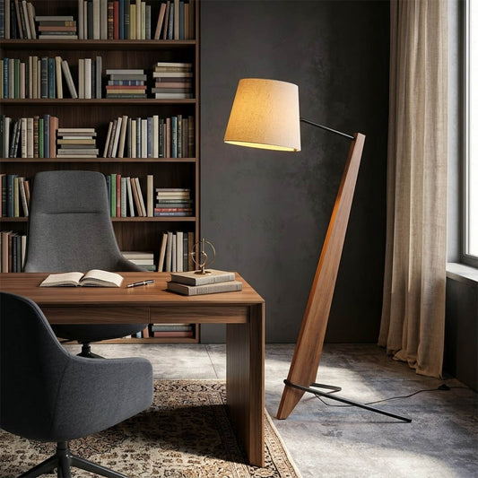 Atlas tall floor lamp beside sofa living room warm glow showing large scale modern interior