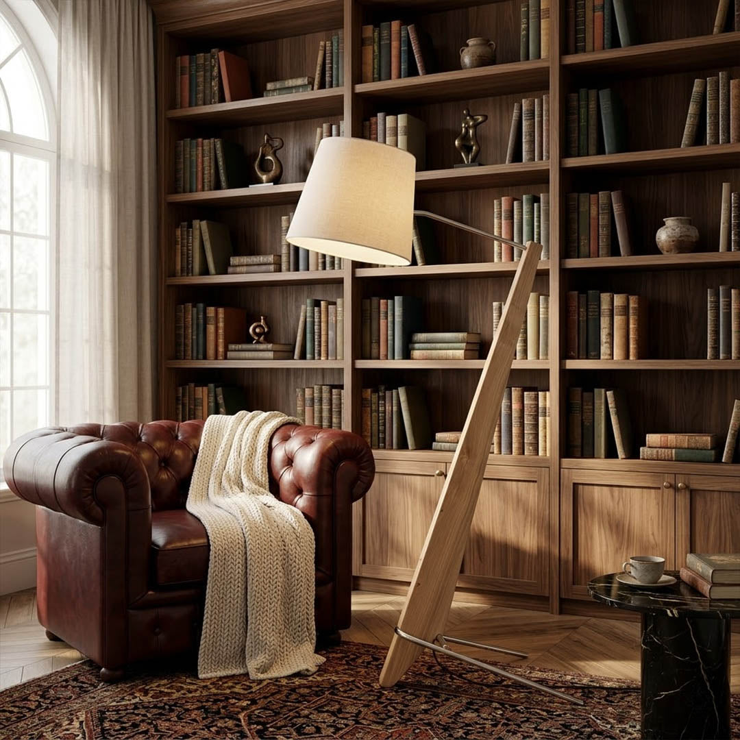 Atlas tall floor lamp beside sofa living room warm glow showing large scale modern interior