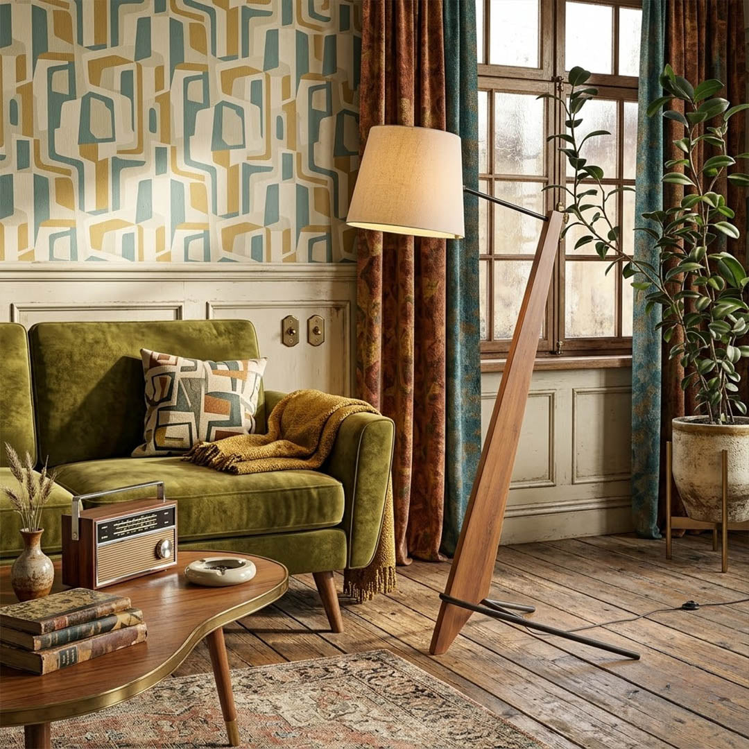 Atlas tall floor lamp beside sofa living room warm glow showing large scale modern interior