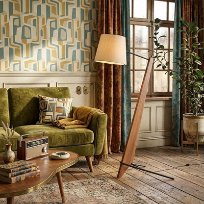 Atlas tall floor lamp beside sofa living room warm glow showing large scale modern interior