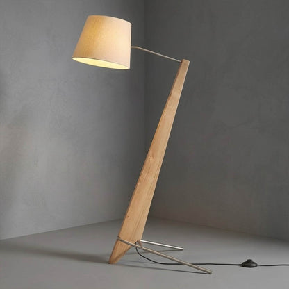 Atlas tall wood floor lamp natural finish oversized modern beige fabric shade white background