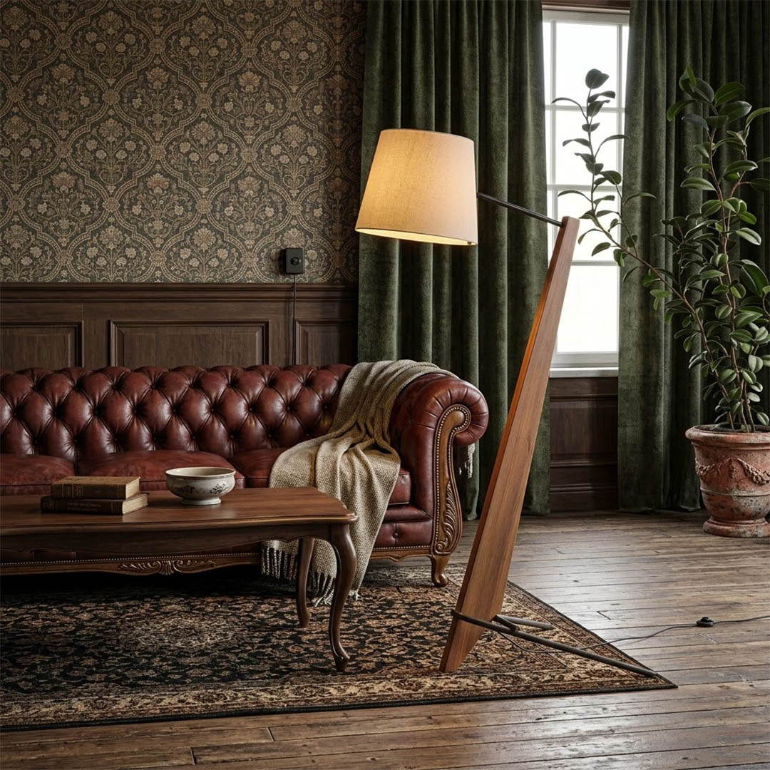 Atlas tall floor lamp beside sofa living room warm glow showing large scale modern interior