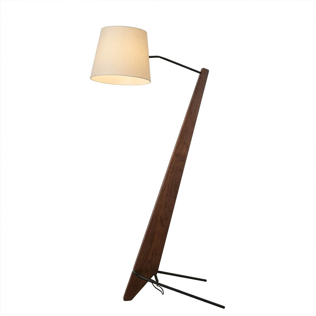 Atlas tall wood floor lamp walnut finish oversized modern beige fabric shade white background