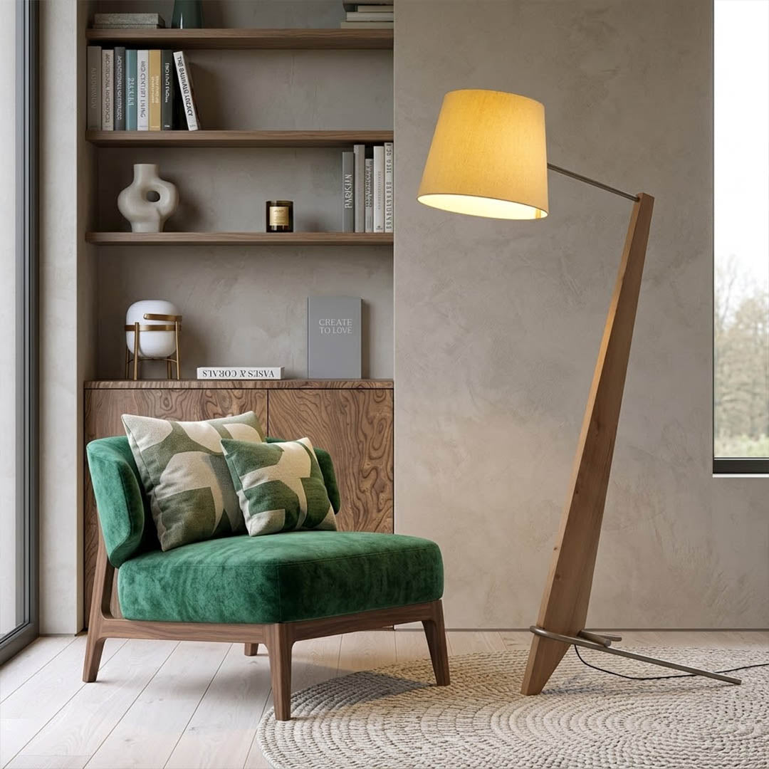 Atlas tall floor lamp beside sofa living room warm glow showing large scale modern interior
