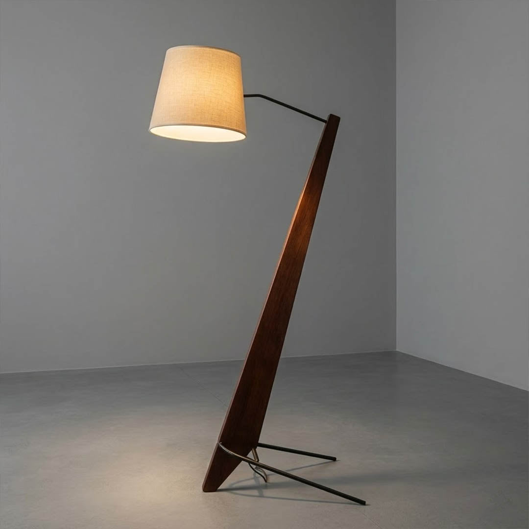 Atlas tall wood floor lamp walnut finish oversized modern beige fabric shade white background
