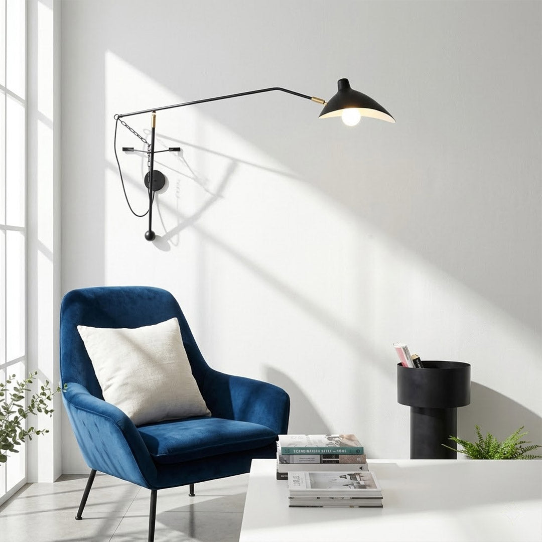 Atria 60 inch grand long arm wall lamp behind sofa living room arm reaching over seating area modern interior