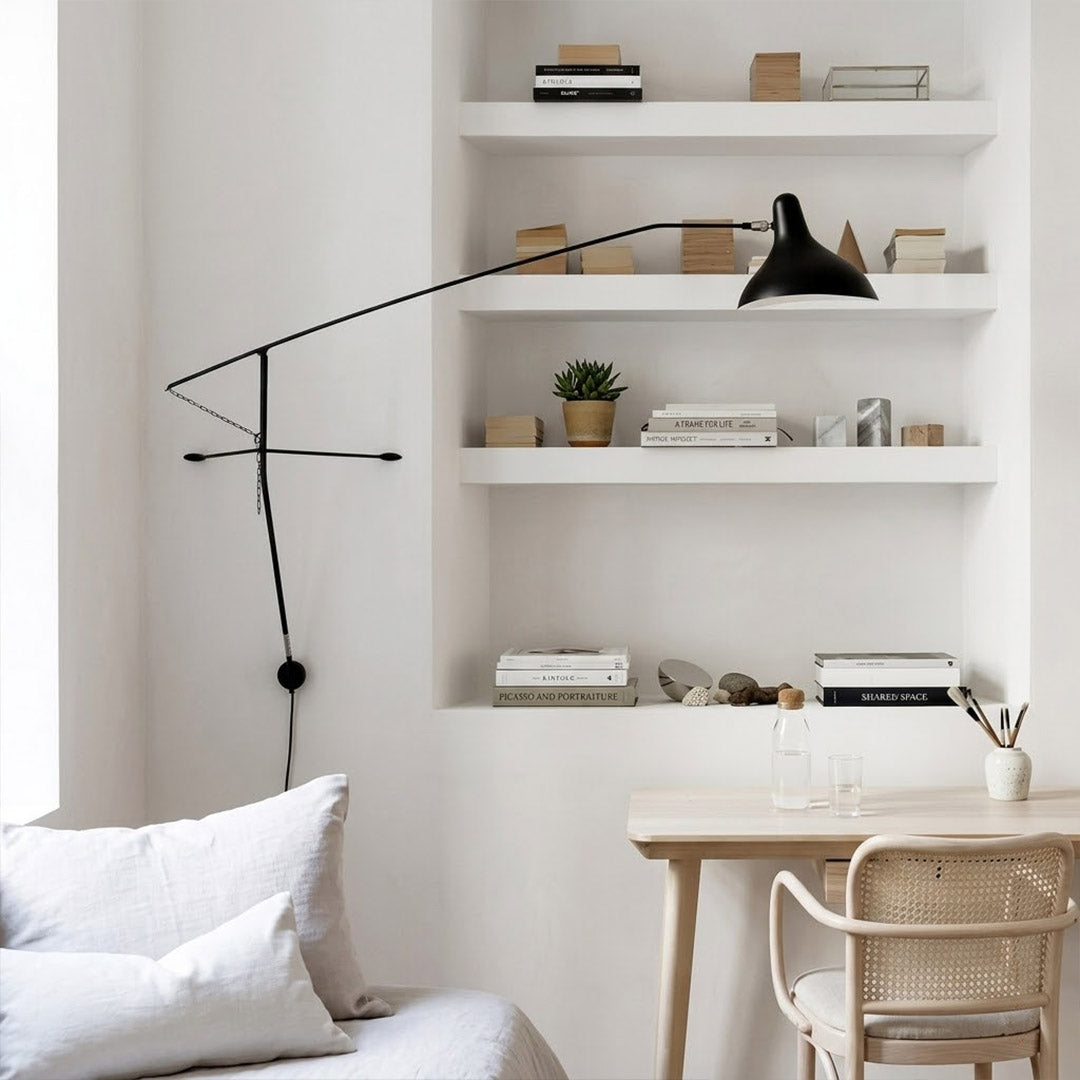 Atria 60 inch grand long arm wall lamp behind sofa living room arm reaching over seating area modern interior