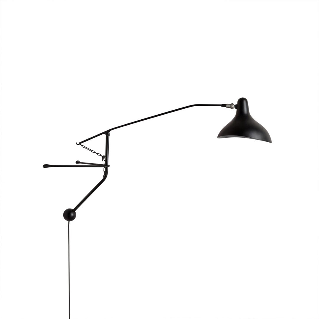Atria long arm wall lamp 28.1 inch matte black steel adjustable reflector wall mount white background