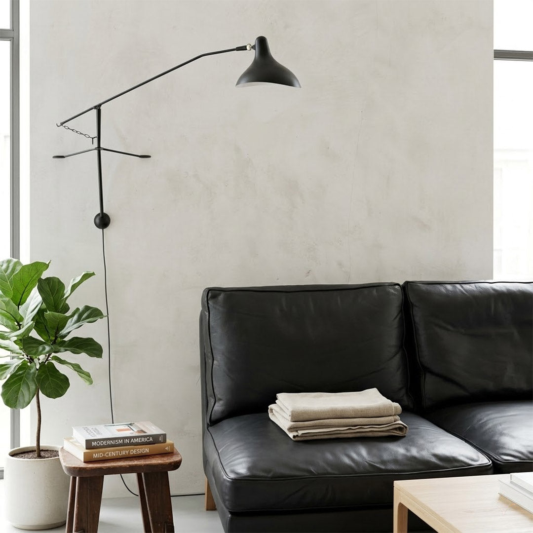 Atria 60 inch grand long arm wall lamp behind sofa living room arm reaching over seating area modern interior